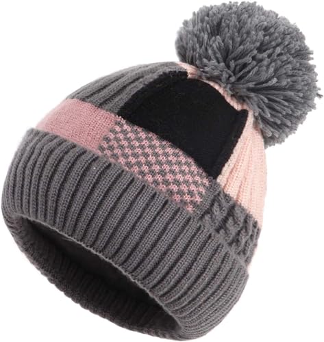 MEANBEAUTY Winter Hat for Women Knitted Beanie Hat with Colorful Bobble Pom Pom Hats for Outdoor Sports Ski, Grey, L