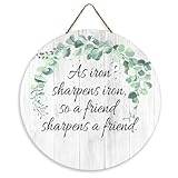 As Iron Sharpens Iron, So A Friend Sharpens A Friend Round Wood Home Sign Farmhouse Bedroom Wall Art Decorative Wooden Signs Antique Wood Wall Sign for Kitchen Dinning Room 12x12 Inch