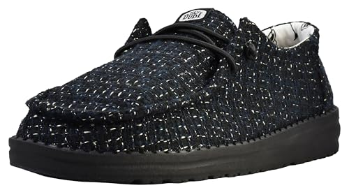 HEYDUDE Women’s Wendy Metallic Sparkle Slip-On Shoes, Black-White, Size 7