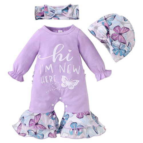 HEOXIN Conjuntos Ropa para Bebés Niña, Ropa Bebe con Hi I'm New Here Patrón, Ruffle Manga Larga Baby Bebé Recién Nacido Sombrero y Cinta para la Cabeza, Disfraz Bebe para 6 9 Meses, Morado