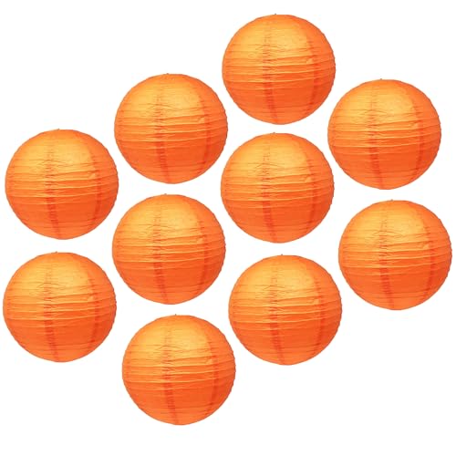 Image of Mudra Crafts 12 Inch Round Chinese Orange Paper Lanterns Hanging Decor | 10 PCs, Reusable, Indoor Outdoor Decorative Lamp Shade, for Ceiling, Wedding, Shower, Party, Festival, Home Decoration