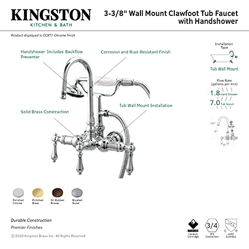 Kingston Brass CC8T1 Grifería Vintage para Bañera con Ducha Manual, Acabado Cromo Pulido, Centro de 3-3/8 Pulgadas miniatura 4