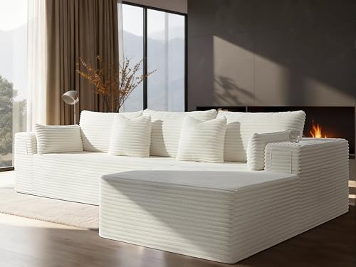 Image of 108 inch Cloud Sectional Couch, Comfort L Shaped Boneless Couch for Living Room, Extra Deep Seats No Assembly, Minimalist Modular Sofa, Corduroy (Cream, 2 Seater+Right Facing Chaise)