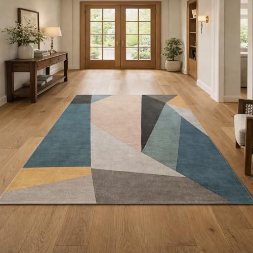 Tapis lavable 150x150 cm géométrique vert et jaune moderne - 2