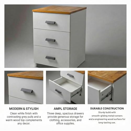 Image of Bedside Table with Drawers | 1-Year Warranty | Modern 3-Drawer Bedside Table Storage Cabinet /Wooden Organizer Stand /End Table /Side Table for Bedroom /End Table for Bedroom DIY Assembly