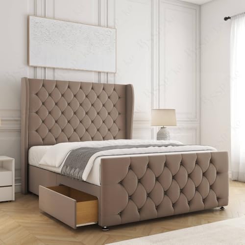 Image of BSSPOKE Anna Upholster Divan Bed Base Plush Velvet | with 54” Curved Wing Headboard | 2 Drawers Storage | with Mattress | Hand Made UK (Mink, 3ft Single)