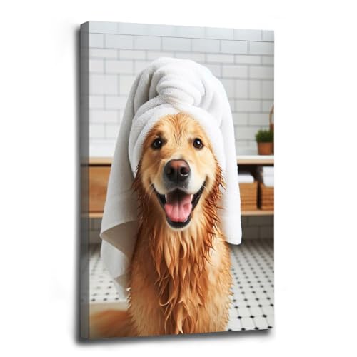 Bathroom wall decor Golden Retriever with Towel on Head Bathroom
