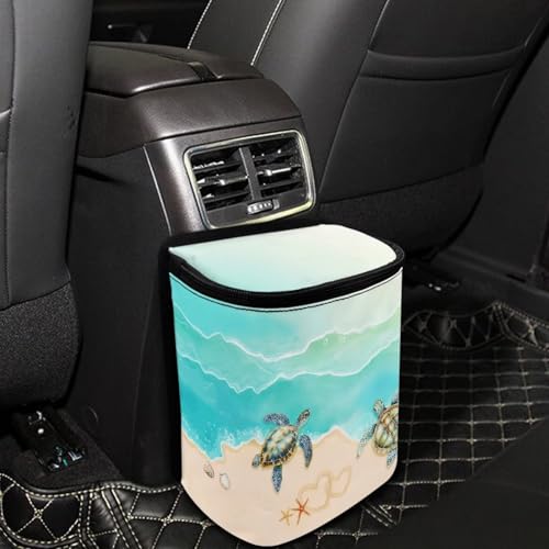 Image of Talayituse Turtle Starfish Seashell Heart Beach Print Car Trash Bin, Large Size Auto Trash Can Adjustable Portable Garbage Can with Lid, Vehicle Hanging Bag for Headrest Front Back Seat
