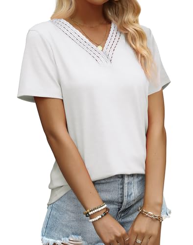 Aokosor T Shirts for Women Crochet V Neck Summer Tops Elegant Ladies Short Sleeve Oversized Tees White Size 18-20