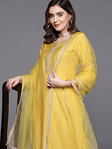Image of INDO ERA Women's Silk Embroidered Straight Kurta With Pant & Dupatta Set