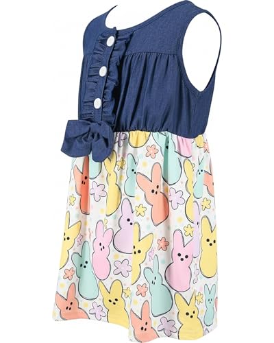Image of Unique Baby Girls Sleeveless Denim Dress with Knot Tie and Fun Print for Toddler and Big Kids