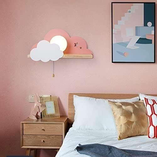 Modern Cartoon Cloud Wall Light with Pull Cord Switch for Kids' Room, E27 Socket, Glass Lampshade, Wooden Shelf, Pink Indoor Wall Sconce, Perfect for Bedroom Decor.