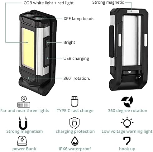 COLFULINE LED Work Light, Inspection Light Magnetic Torch Work Light, Inspection Lamp 7 Modes Portable Flashlight, Rotatable Foldable and with Hook IPX6 Waterproof for Repair, Emergency and Camping