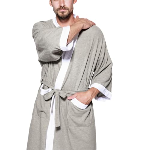 Men's Robe waffle Bathrobe Soft Knee Length Sleepwear Color Block Patchwork Loose Breathable Leisurewear Homewear4