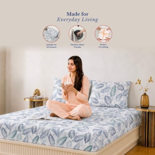 Image of Jaipur Weaves Queen Size Fitted Bedsheet Cotton with Elastic, 100% Pure Cotton Double Bed Fitted Sheet with 2 Pillow Covers, 240 TC, 60x78 Inches up to 8-inch Mattress, Leafy Design - (Tealish Blue)