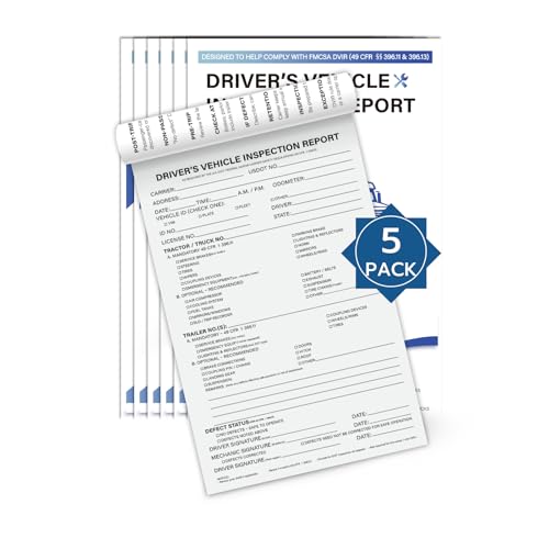 Driver Vehicle Inspection Report Books – 5 Pack, 35 2-Part Carbonless Sets per Book, Pre-Trip Checklist for Daily Truck Safety Checks