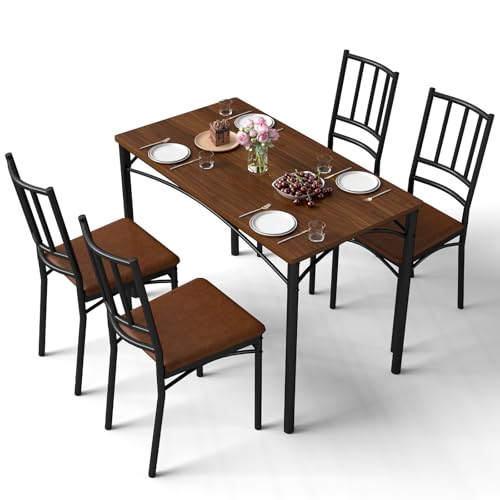 Yafylly 5-Piece Dining Table Set with 4 Chairs & Adjustable Feet, Upholstered Seats Kitchen Table and Chairs Set of 4, Space-Saving Design for Small Apartments and Dining Rooms, Walnut by Yafylly - Used condition - US$158.83