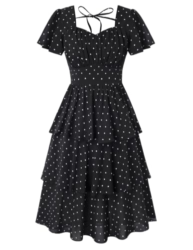 Image of Belle Poque Women's Vintage Square Neck Dress 2026 Summer Short Sleeve Layered Tiered Ruffle A-line Swing Midi Dress