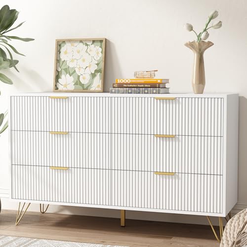 LYNSOM Dresser for Bedroom, Modern 6 Drawer White Dresser with Metal Handles and Wide Drawer, Wood Chest of Drawers for Living Room