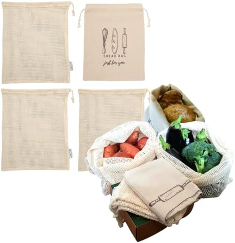 Pretty Wallaby| Onion & Potato Reusable Mesh Bags| Vegetable Storage Bags| 100% Cotton| Set of 3 X-Large Bags & 1 Large Linen Bread Bag