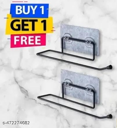 (Buy 1 GET 1) Self Adhesive No Drill Toilet Paper Holder/Tissue Paper Roll Holder/Hanger/Towel Bar Stand for Bathroom Accessories (Black, 2) Jy 36 1