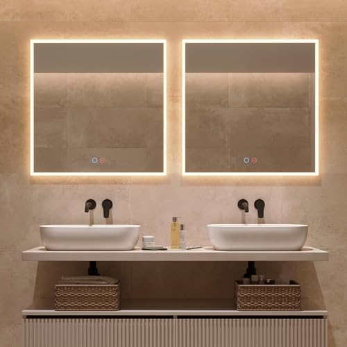 LEDIMEX - Espejo Baño con Luz LED y Antivaho 80x80cm | Espejo Cuarto de Baño con Luz Frontal (Cálida, Neutra y Fría) y Sensor ON/Off | Mirror Cuadrado de Pared con Marco Acrílico para Muebles