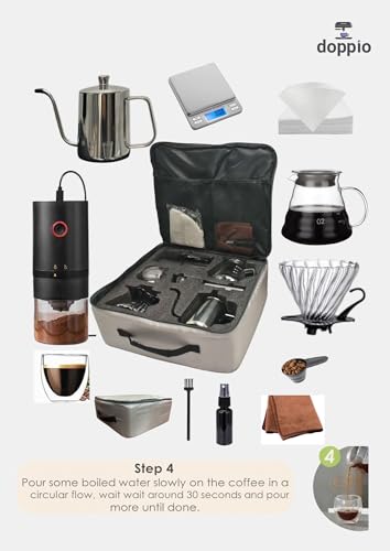 Image of DOPPIO 11-Piece Pour Over Coffee Maker Set - Complete Home Barista Kit with Gooseneck Kettle, Grinder, Dripper & Carry Case | Manual Brewing Set for Fresh & Rich Coffee Anywhere