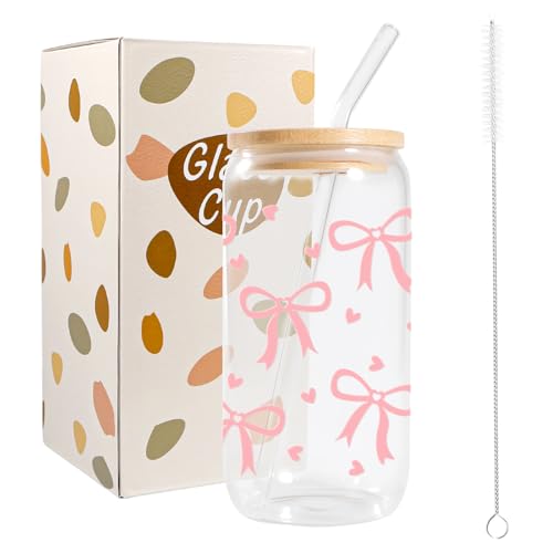 JEKUGOT Bow Glass Cup - Adorable 16 oz Iced Coffee Glass with Lid and Straw - Perfect for Women and Friends