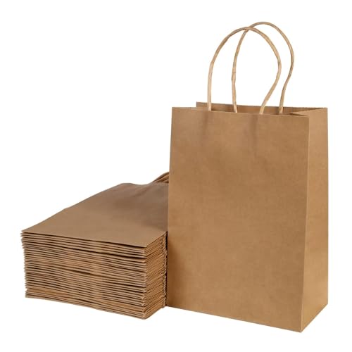 50 Stk. braune Papiertüten mit Henkel 15x21x8cm Kleine Papiertragetaschen mit Flachgriff Kraftpapiertüten als Geschenktüten & Tüten