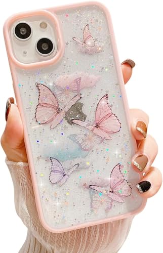Image of VONZEE for iPhone 15 Clear Glitter Butterfly Case, Cute Bling Sparkle Shiny Soft TPU Bumper Shockproof Women Girls Slim Protective Phone Cover for iPhone 15 6.1 inch,Pink