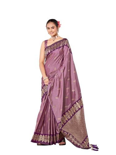 MANOHARI Dusty Mauve Silk Blend Banarasi Jacquard Woven Saree with Rich Purple Zari Border & Tassels Ethnic We