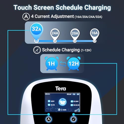 Tera EV Charger Smart App with 32A Type 2 22kW or 11kW Home Charging Station 400V CE & TÜV Wallbox 7 m Charging Cable with Charger Holder App Control CEE 3-Phase Plug for All EVs and PHEVs W01 White