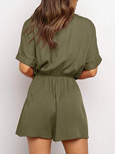 Womens V Neck Button Rompers Knot Tie Short Sleeve Sexy Loose Playsuit Jumpsuit With Pockets #TOP2