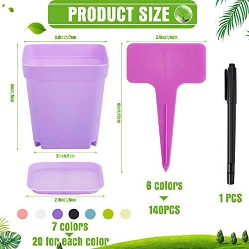 140 Pcs 3 Inch Plastic Plant Pots Square Seedling Nursery Pots Reusable Small Plant Pots With Saucers 140 Pcs Waterproof Plant Labels T Type Plant Tags Marking Pen For Garden Balcony Office #TOP1