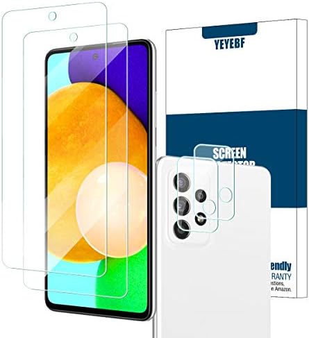 Galaxy A52 HD Clear Tempered Glass Screen Protector + Camera Lens Protectors by YEYEBF, [2+2 Pack] [3D Glass] [Anti-Glare] [Bubble-Free] Screen Protector Glass for Samsung Galaxy A52