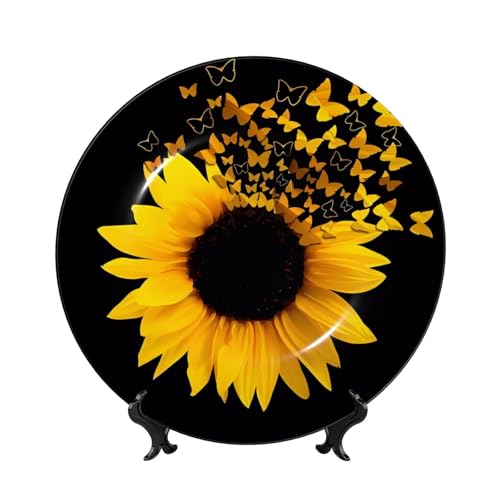 POEZJZW Sunflower Floral Butterflies Art Pattern Bone China Decorative Plate Dinner Plates Crafts Perfect Decoration for Home Office and Coffee Shop 7in