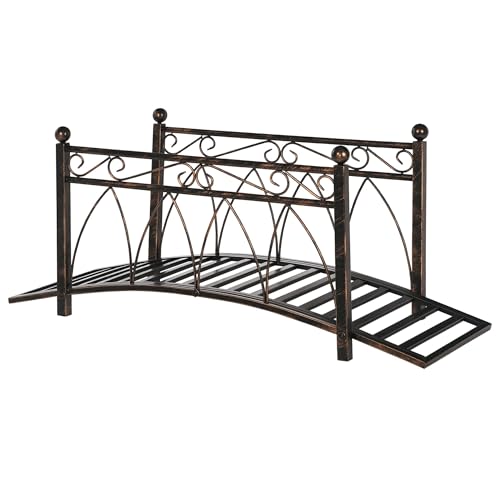 YBCHFGA 3.3' Vintage Style Metal Arch Zen Garden Footbridge Featuring Safety Handrails, Artful Scrollwork, Corner Orbs, Bronze Coating