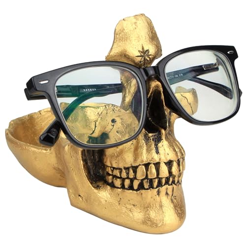 Mrlikale Supporto creativo per occhiali a forma di teschio, espositore per occhiali da sole, sculture in resina per ingresso, casa, ufficio, scrivania, comodino (oro)