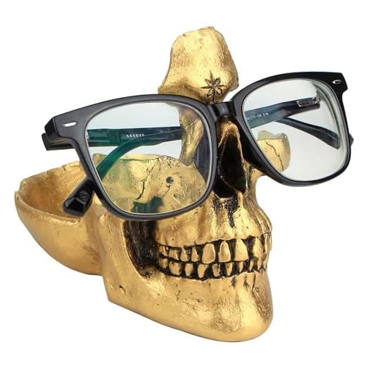 Mrlikale Supporto creativo per occhiali a forma di teschio, espositore per occhiali da sole, sculture in resina per ingresso, casa, ufficio, scrivania, comodino (oro)