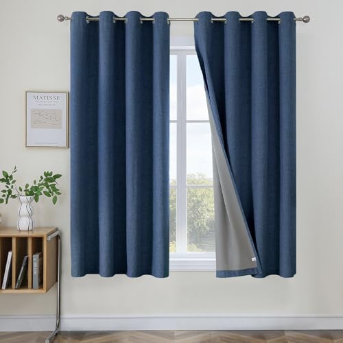 Image of Joydeco Denim Blue Black Out Curtains 63 Inch Long 2 Panels Set for Bedroom, 100% Blackout Curtains 63 Inch Length for Living Room, Faux Linen Short Small Textured Grommet Curtains Drapes