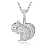 ICEDAIMOND 14K Gold Plated Bling Squirrel with Chestnut Necklace, Iced Out Shiny CZ Diamond Cute Forest Animal Pendant with Hip Hop Rope Chain for Men Women (White)
