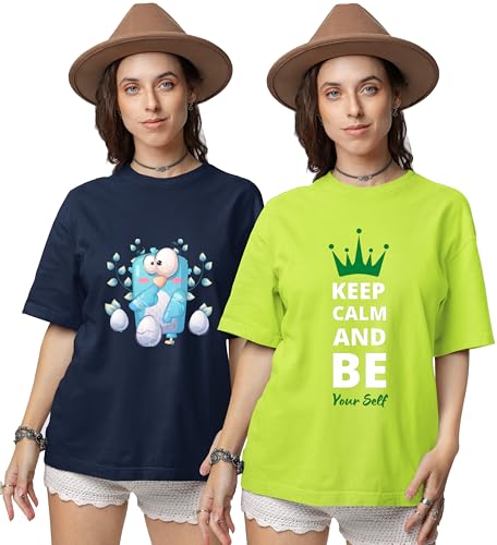 Image of Reifica Pure Cotton Half Sleeve Loose Fit Oversized T Shirts for Women /Girls Combo Pack of 2