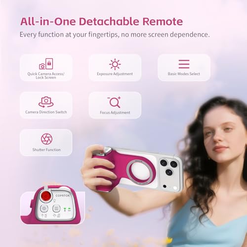 Image of COMITOK MOCA iPhone 17 Pro Camera Grip No Need App for iOS26, Compatible iOS17 and iOS18, Fun Shot Magnetic Grip for Phone Native Camera with Anti-Drop Detachable Remote and Convenient Keychain Hook