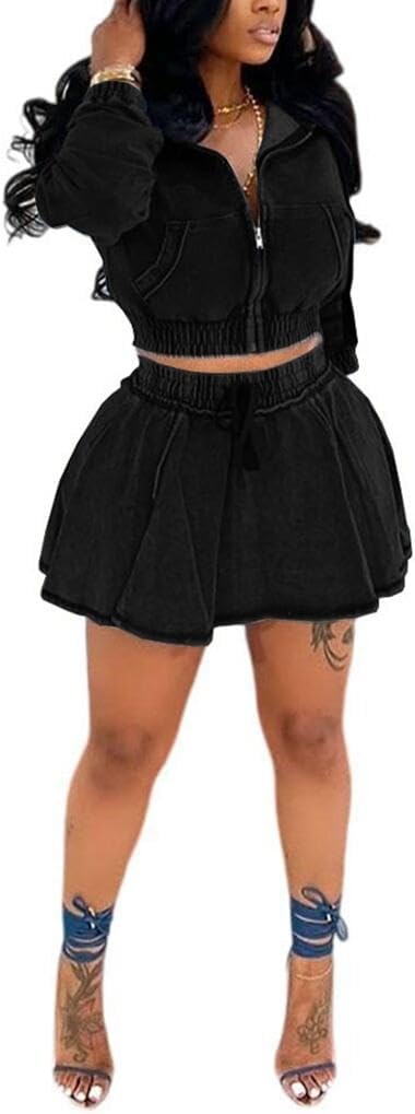 THLAI Denim Women 2 Piece Skirt Sets Long Sleeve Zip Up Hoodie Jackets Top and Flare Pleated Mini Skirt Fall Denim Outfits