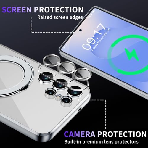 Image of Magnetic Stand & Full Camera Lens Protector Case for Samsung Galaxy S25 Ultra[Compatible with MagSafe][Military Drop Protective]Not Yellowing Clear Slim Soft S25 Ultra Phone Case for Women Men,Silver