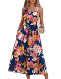 LIAMERHE Vestido Verano Mujer Largo Casual Vestido Sin Mangas Cuello Redondo con Bolsillos Vestidos Playa Boho Chic Elegante Suelto Vestido Maxi de Línea A para Vacaciones Fiesta Floral-2 S