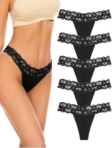 VOENXE Tangas de mulher de renda cuecas, mangas femininas Pack, sem costuras cuecas, roupa interior, para mulheres, mulher multicor com acabamento fino sem marca, suaves e elásticos Thong Underwear, 5