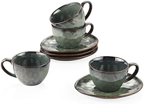 vancasso Starry Blue Cup and Saucer Set of 8 - Pottery Coffee Tea Cup Set for Breakfast Afternoon Tea, Stoneware Ceramic Combination Set with 4 Cups and 4 Saucers, Service for 4