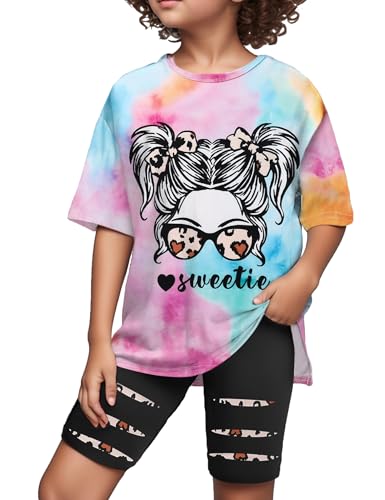 Image of Girls Clothes Short Sleeve Tie Dye Top Shorts and Pants 2PCS Girls Summer Outfits Size 6-16