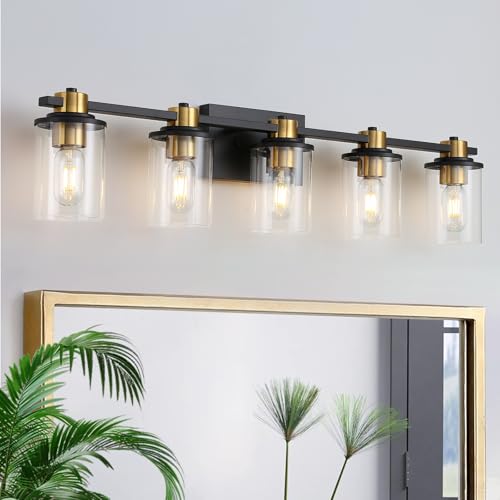LOUSACE Bathroom Lighting Fixtures Black and Gold 5 Light Bathroom Vanity Light Over Mirror with Clear Glass Shades, Brushed Gold Socket Wall Vanity Lighting Fixtures for Bedroom Living Room